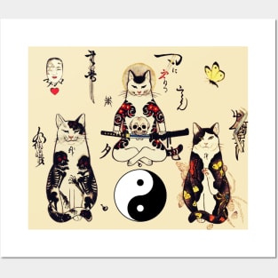 THREE SAMURAI CATS IN SKULL,SKELETON,BUTTERFLY TATTOOS AND YIN YANG SYMBOL Posters and Art